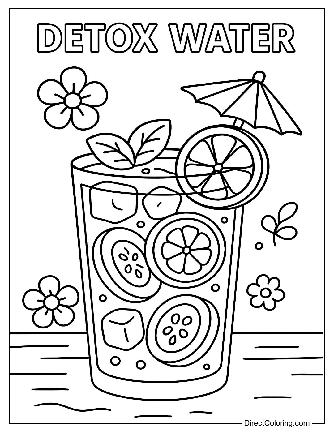 Detox water glass coloring page with edible flowers, cucumber slices, oranges and transparent ice cubes.